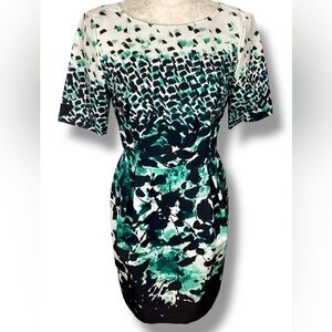 Brooks Brothers White Green Short Sleeve Dress Abstract Knee Length Wiggle